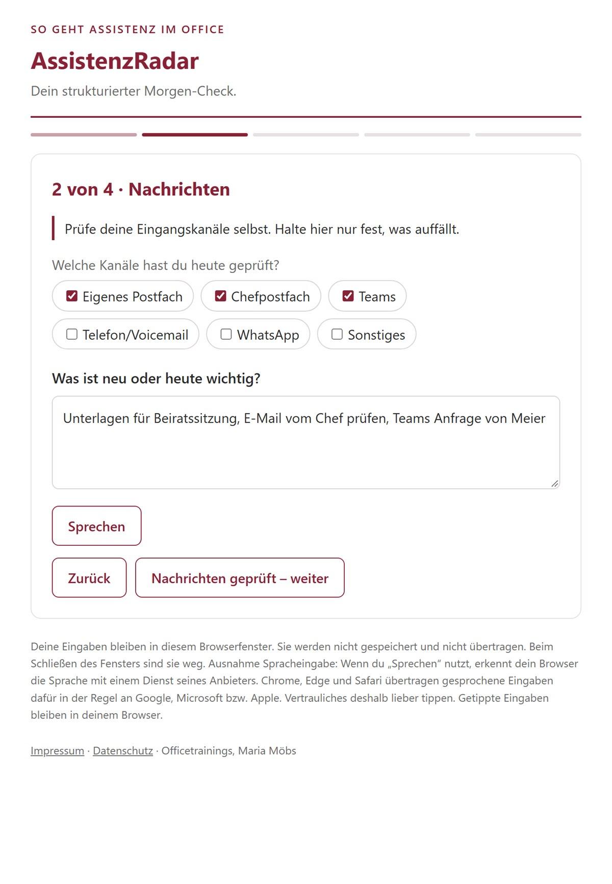 AssistenzRadar Schritt 2 von 4: Nachrichten – Eingangskanäle abhaken und notieren, was auffällt
